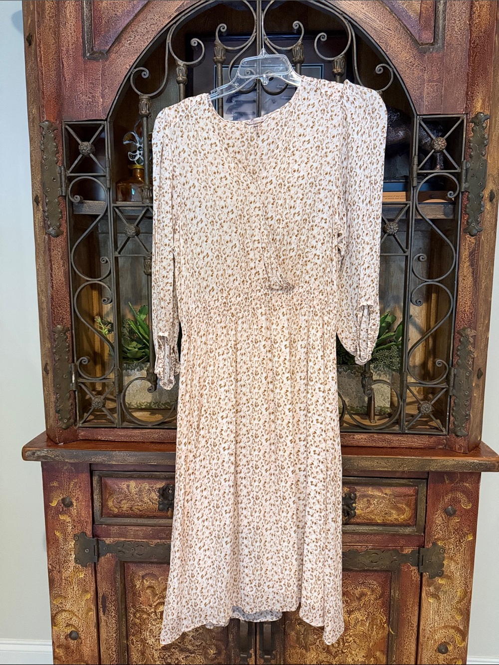 ESQUALO Cream and Tan Printed Long-Sleeve Midi Dress